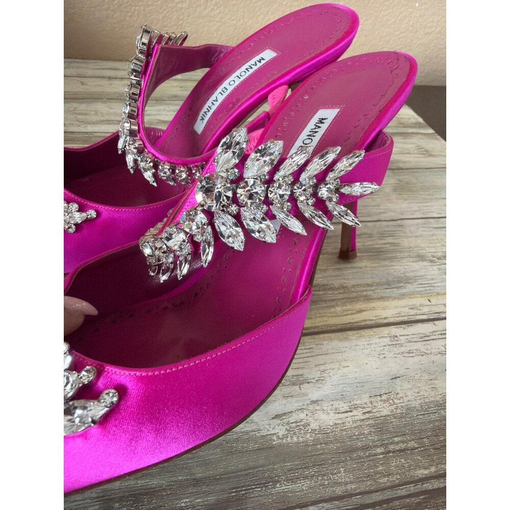 Manolo Blahnik Lurum Pink Satin Crystal 90mm Mule Heels EU 40 w/Box Dust Bag COA - Picture 4 of 16